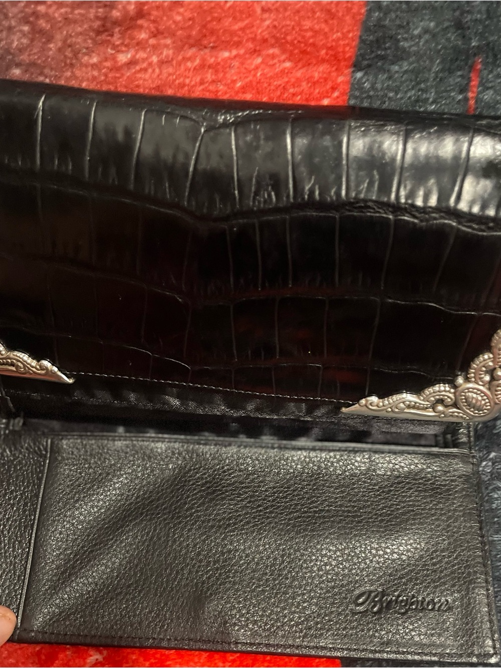 Brighton Black Croc-Embossed Clutch Wallet with Silver Corner Accents - Picture 4 of 5